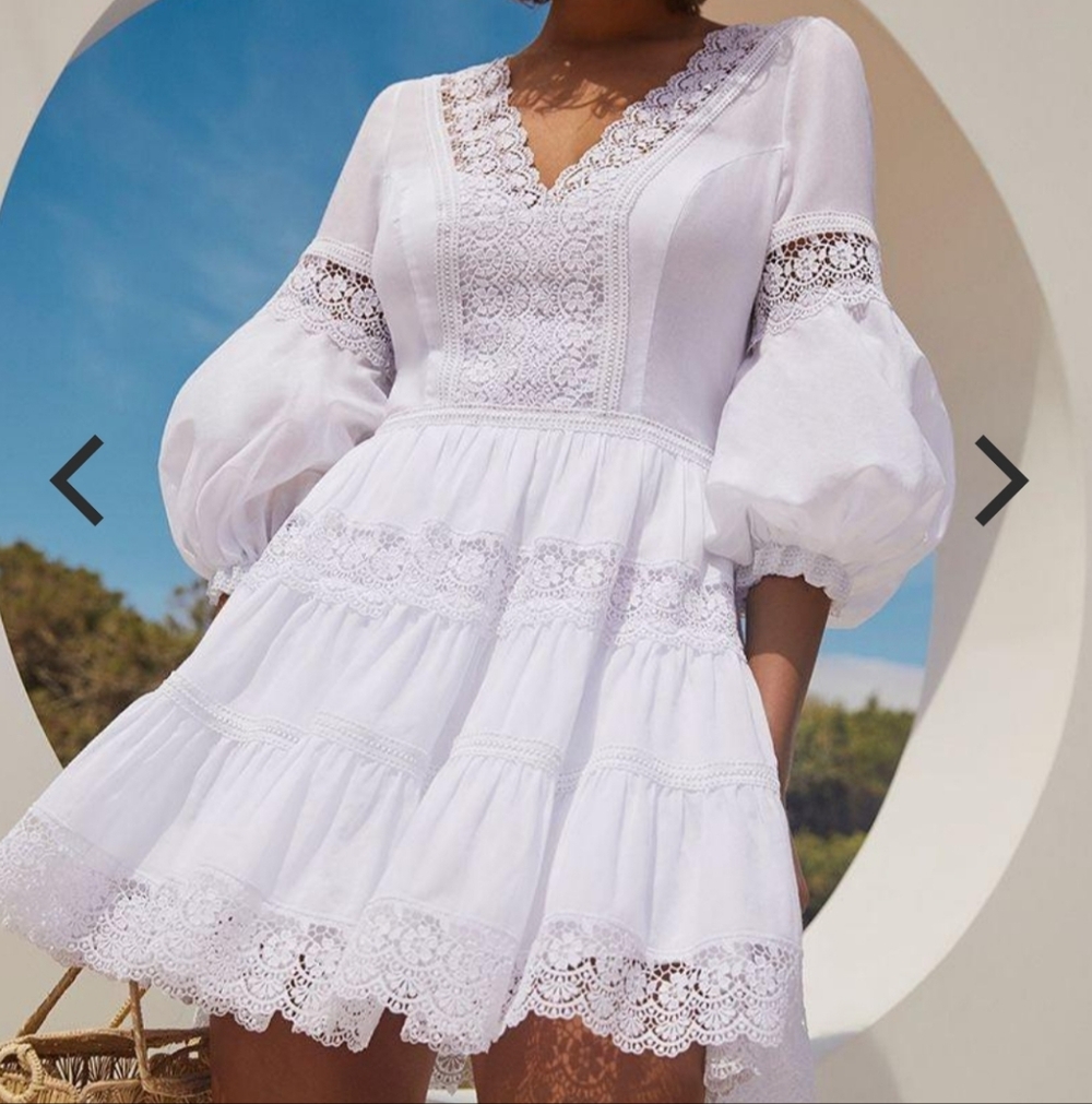 Charo Ruiz Ibiza Violette V-Neck Short Dress Puffer Sleeves Lace XS Off-White